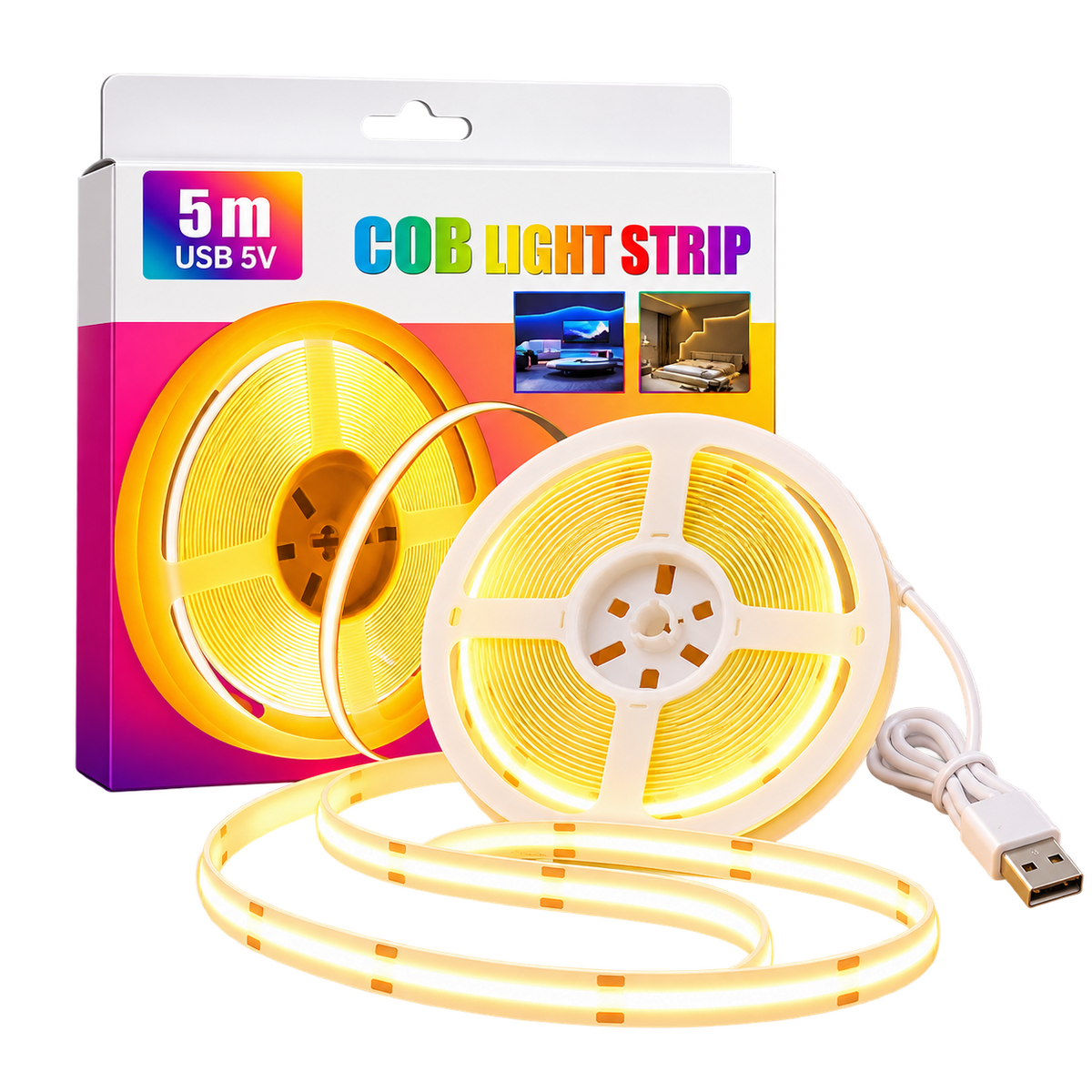 COB LED traka 5 metara topla bijela s USB kablom – MOJFON
