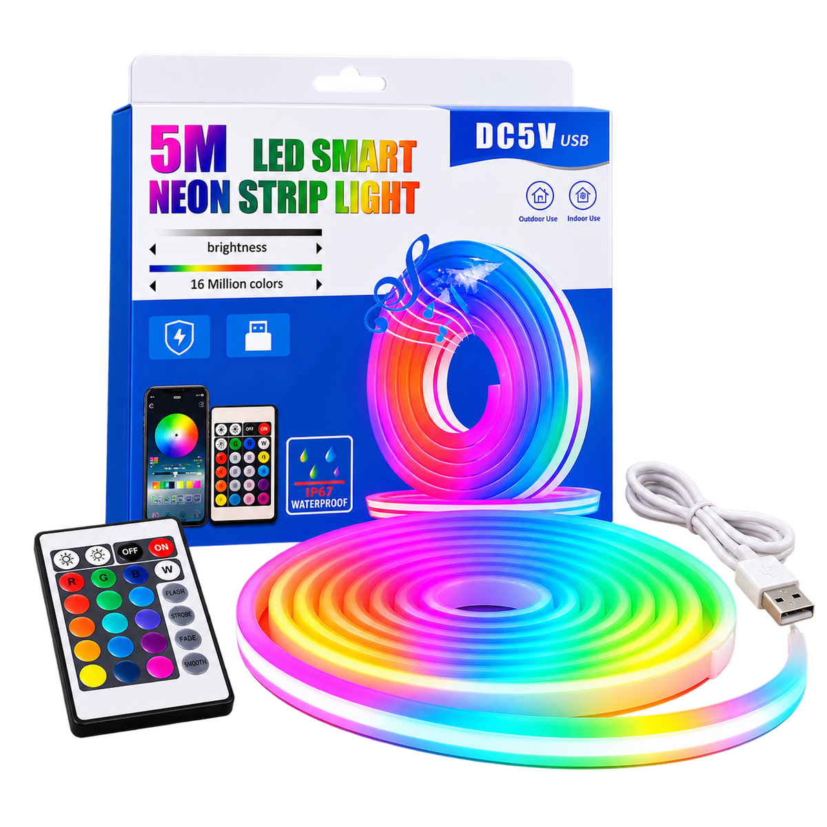 RGB neon LED traka 5 metara sa daljinskim i USB kablom – MOJFON