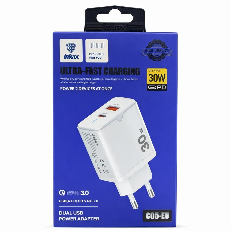 Inkax C05 kućni punjač 30W USB-C + USB-A