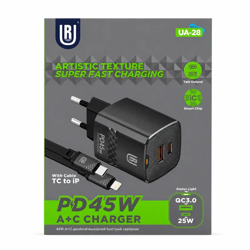 UR UA-28 kućni punjač 45W USB-A + USB-C s Lightning kablom